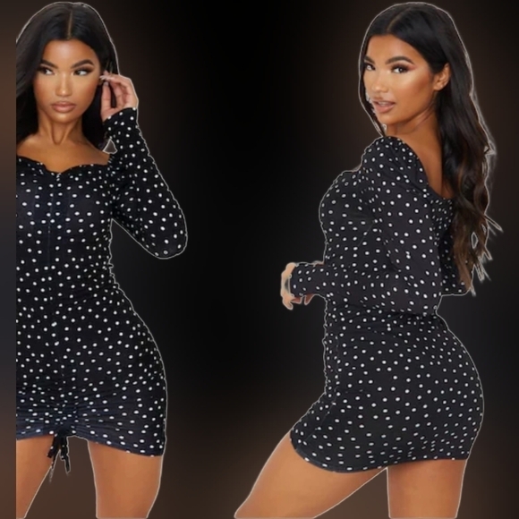 NWT Pretty Little Thing Polka Dot Ruched Front Long Sleeve Bodycon Dress 8 - Picture 2 of 13
